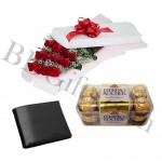 Red roses in box with chocolates and wallet