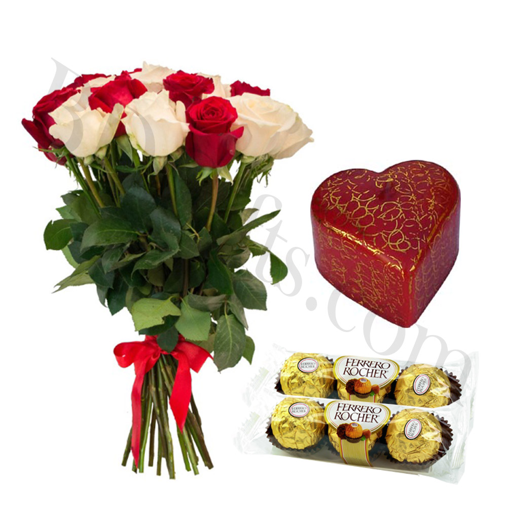 mix roses in bouquet with candle and chocolates