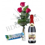 roses in vase, juice and chocolates
