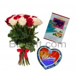 Mix roses with card and chocolates