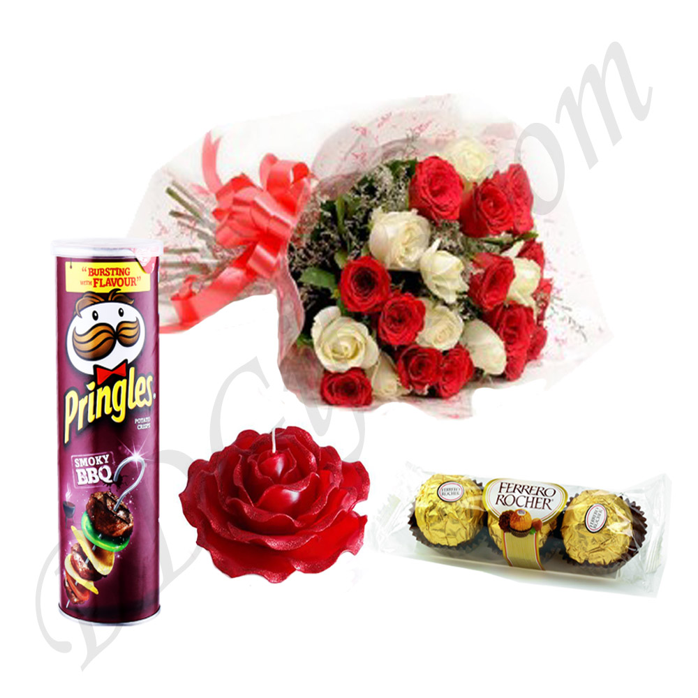 Mix roses in bouquet, rose candle, pringel chips and ferrero rocher chocolate