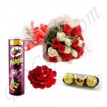 Mix roses in bouquet, rose candle, pringel chips and ferrero rocher chocolate