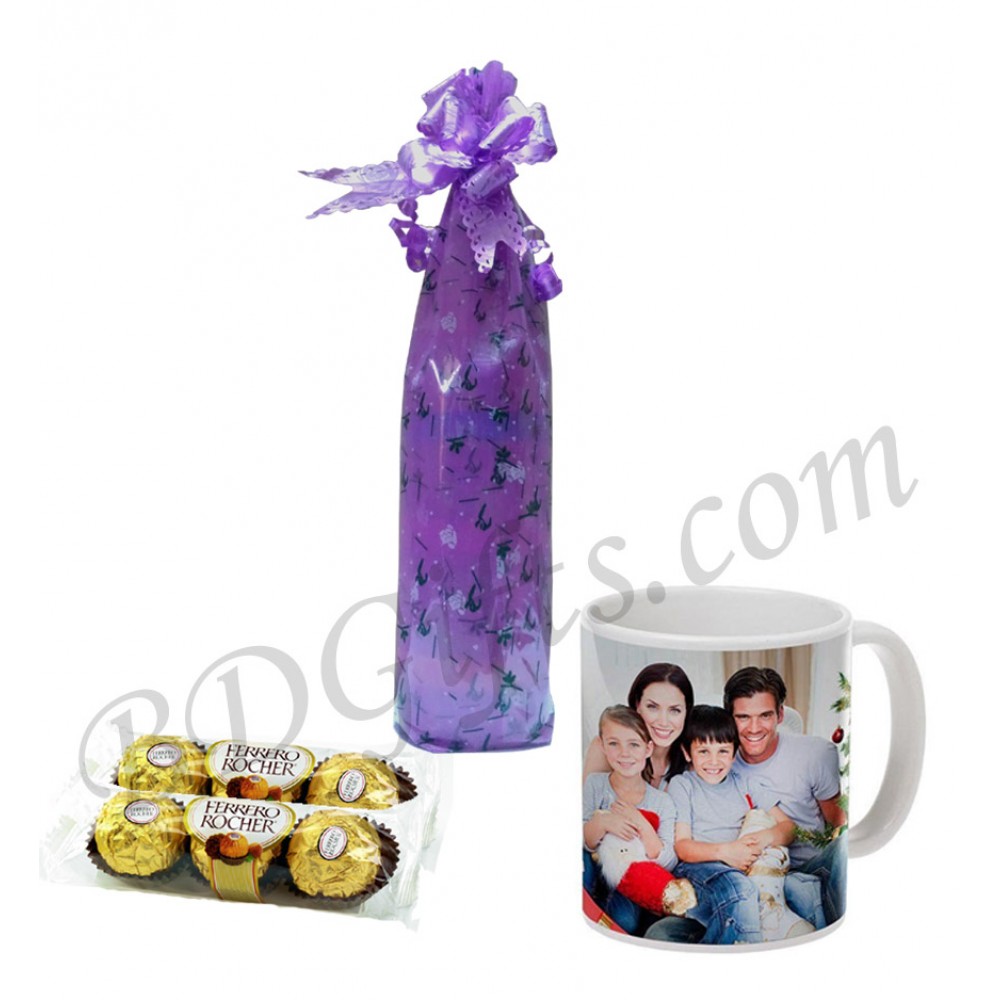 Message in bottle with mug and chocolates