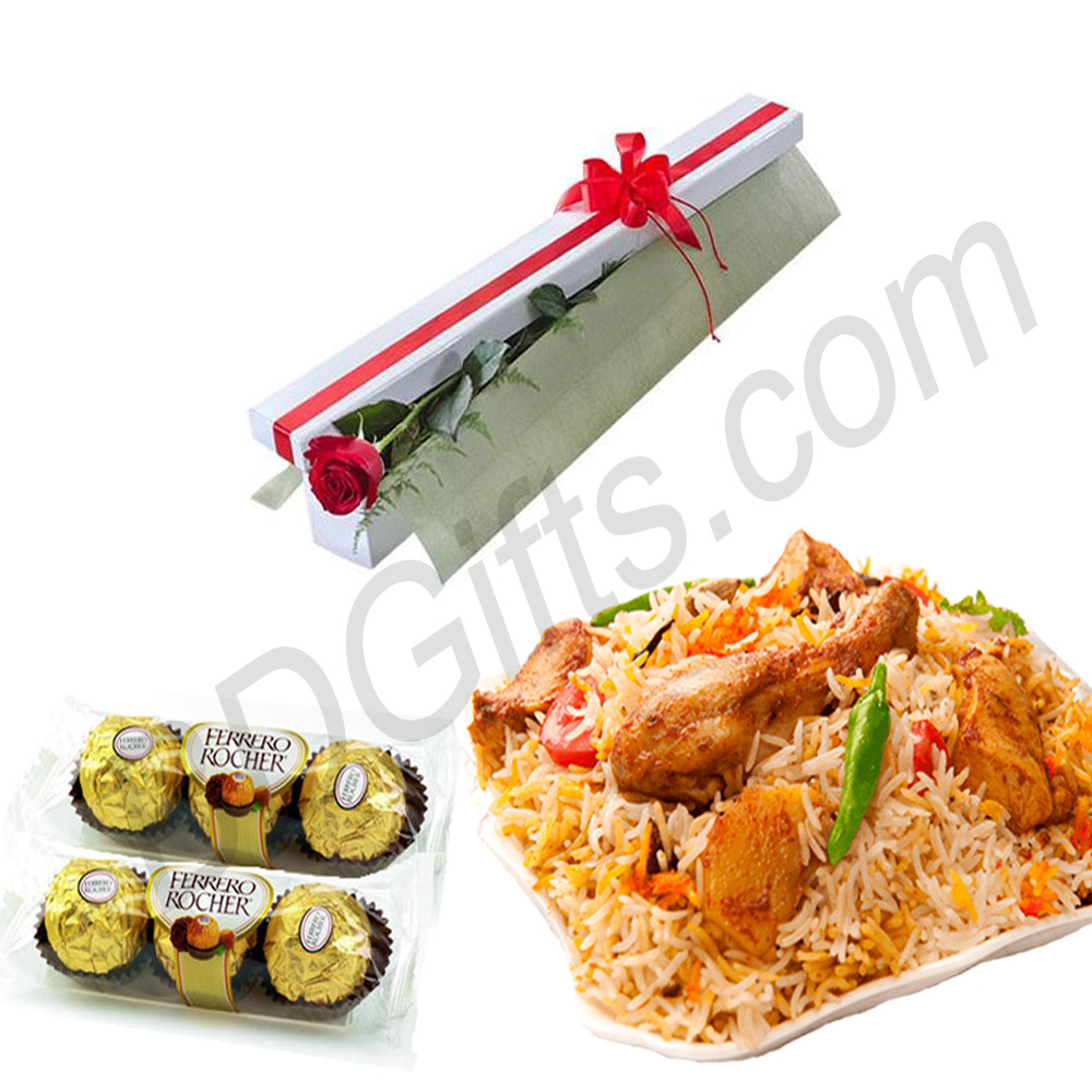 Biryani with chocolates and rose