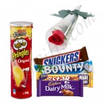 Red rose, pringel chips and chocolates