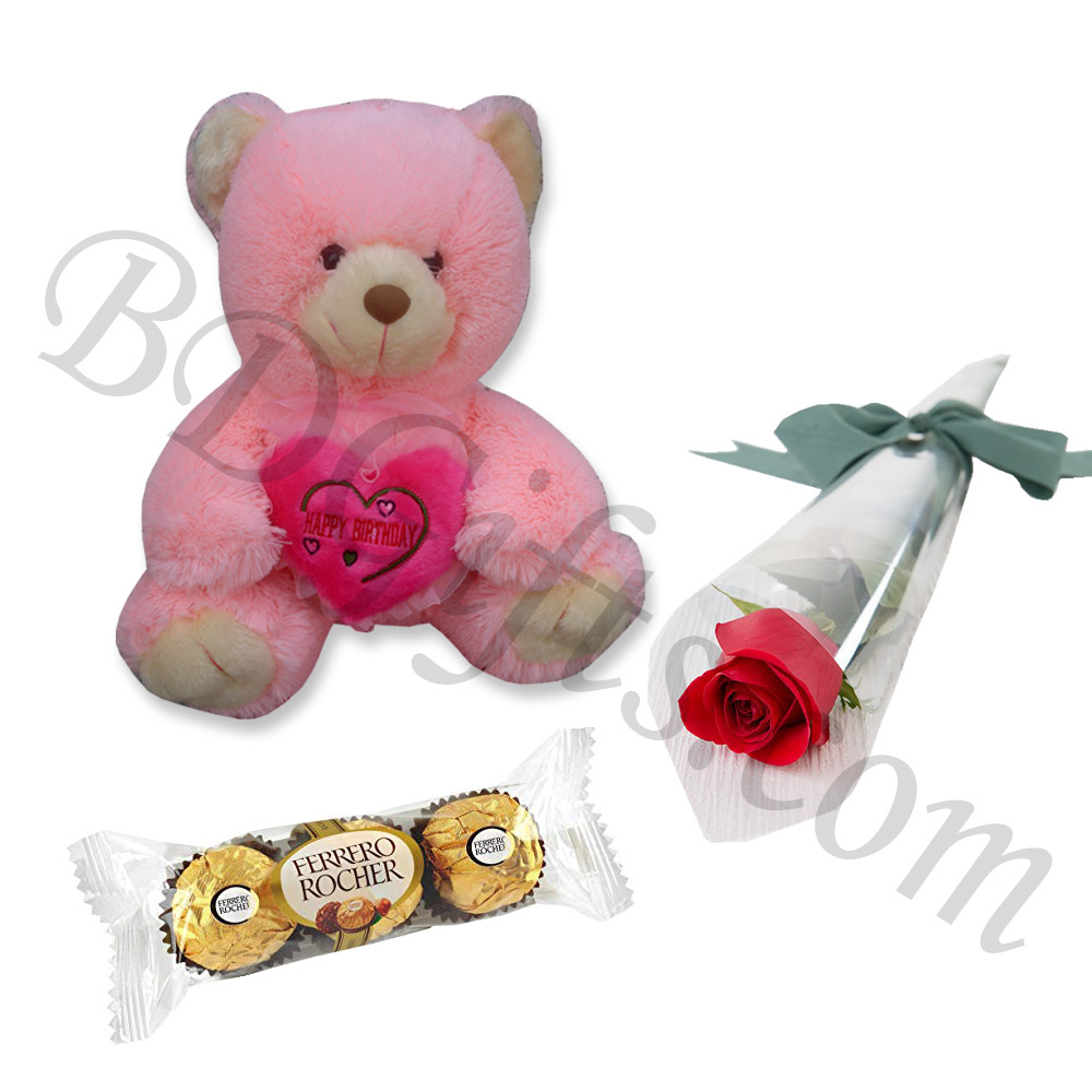 Teddy bear with red rose and ferrero rocher chocolate
