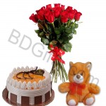 Cake with teddy bear and red roses in bouquet
