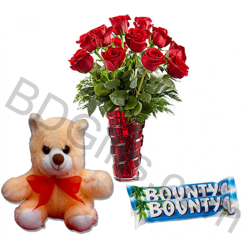 Teddy bear with roses and chocolates
