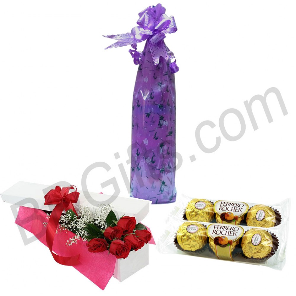 Message bottle with roses in box and chocolates
