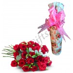 Message in a bottle with red roses