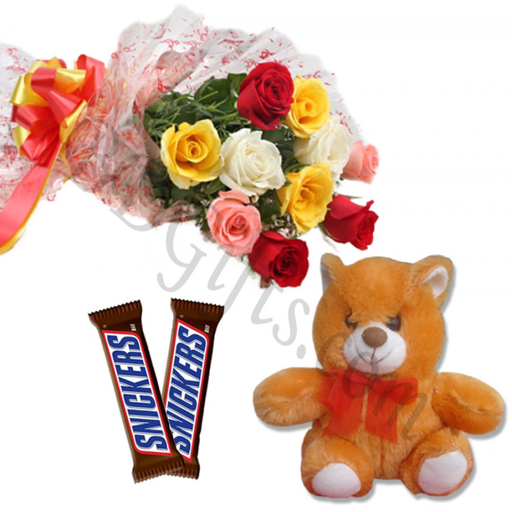 Mix roses with bear and chocolates