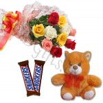 Mix roses with bear and chocolates