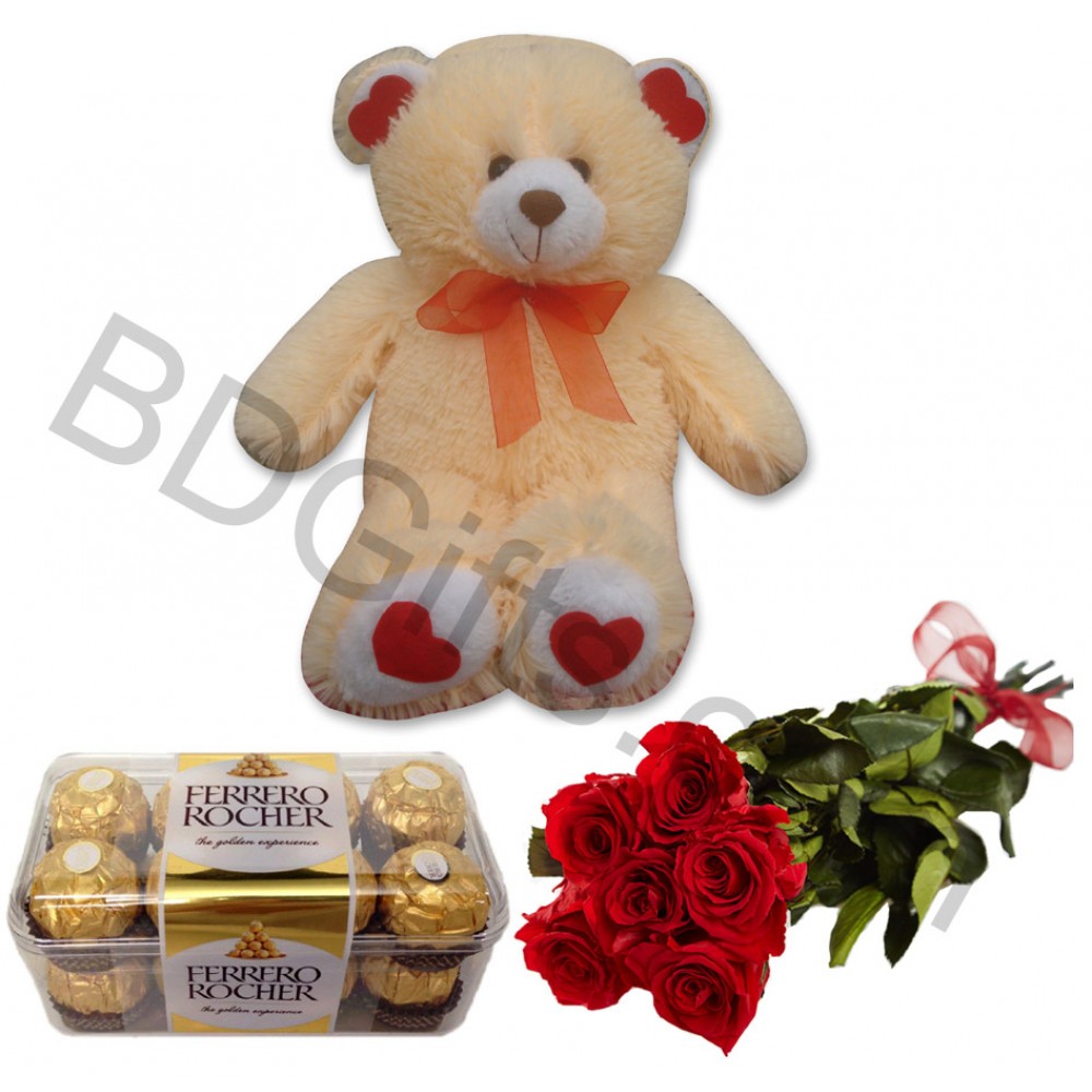 Red roses with bear and chocolates