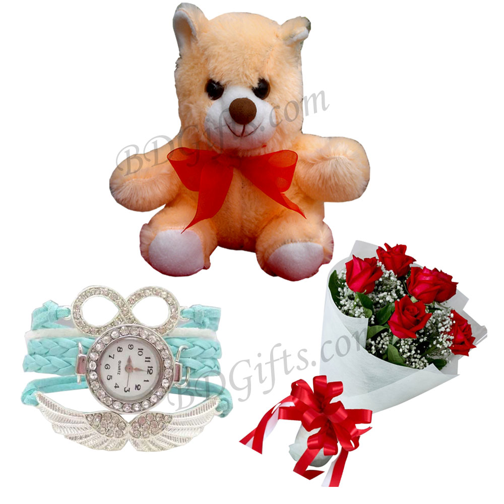 Teddy bear W/ Red Rose & Watch