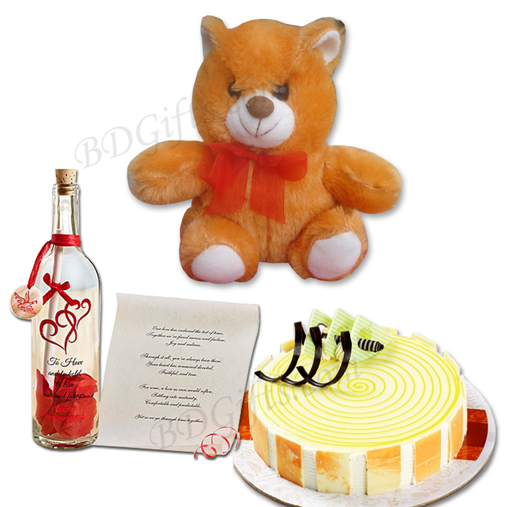 Teddy Bear W/ Cake & Message in a Bottle