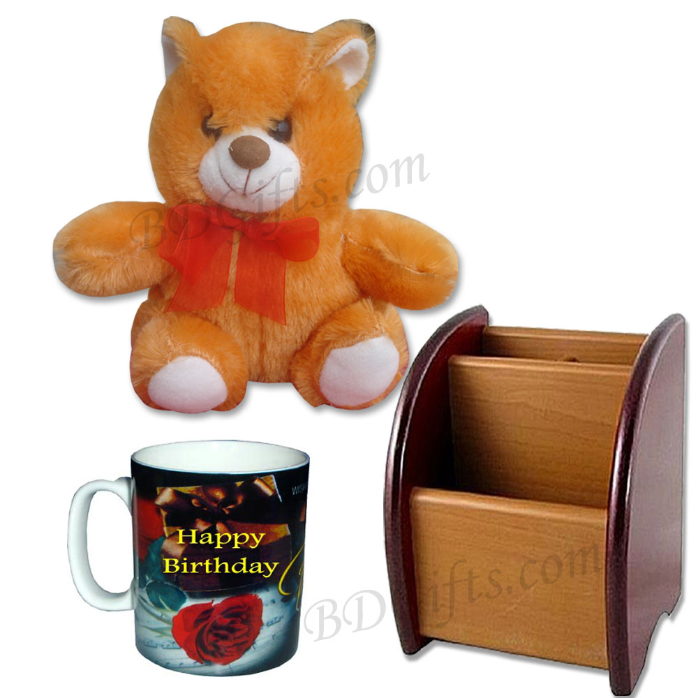 Teddy Bear W/ Pen Holder & Birthday Mugs